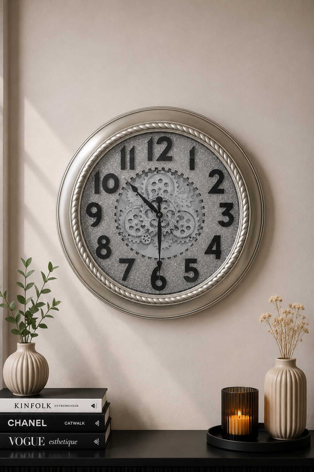 Geneva Gear 60 Cm Dönen Çarklı Duvar Saati - Platin Renk