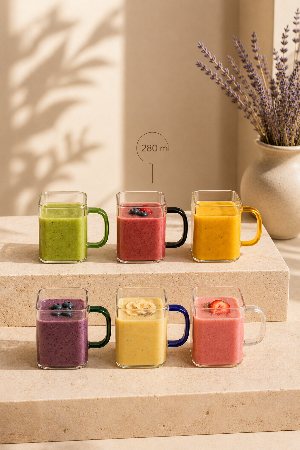 6'lı Renkli Kulplu Cam Bardak 280 ML