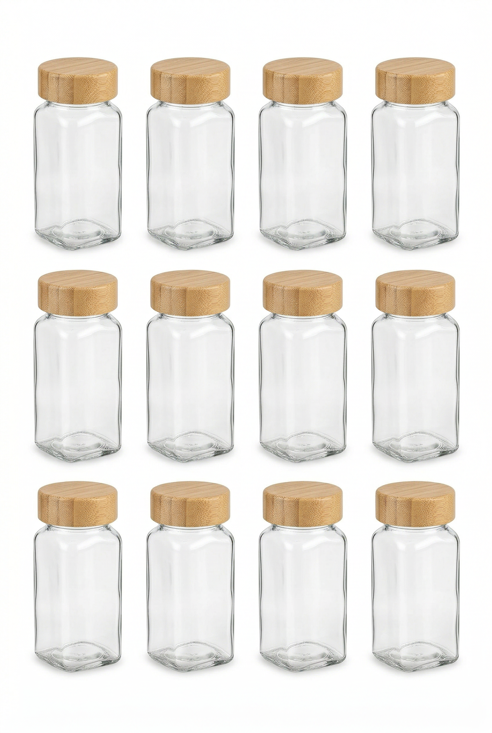 Bambu Kapaklı Kare Cam Baharatlık Seti – 12’li (120 ml x 12)