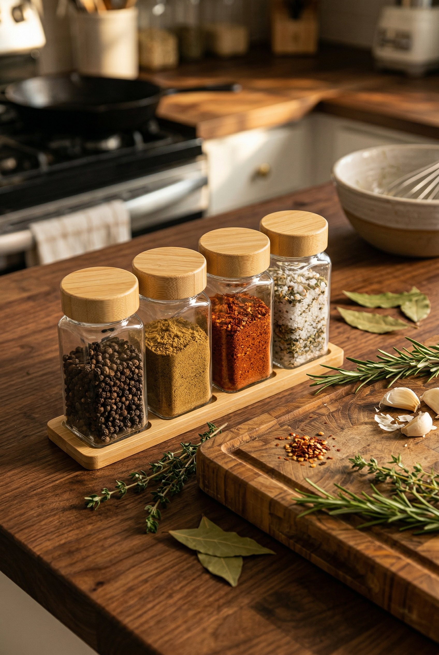 Bambu Standlı 4'lü Cam Baharatlık Seti