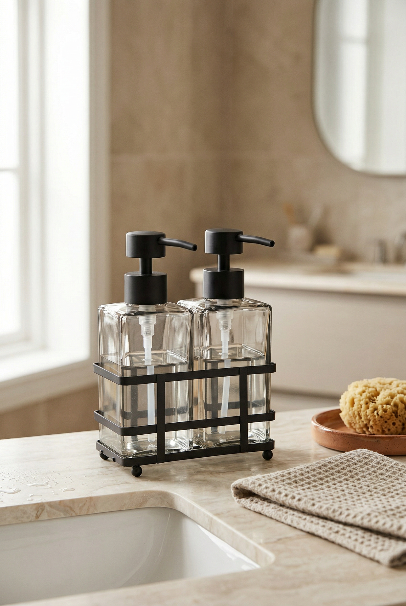 Metal Standlı 2'li Cam Sıvı Sabunluk - Siyah