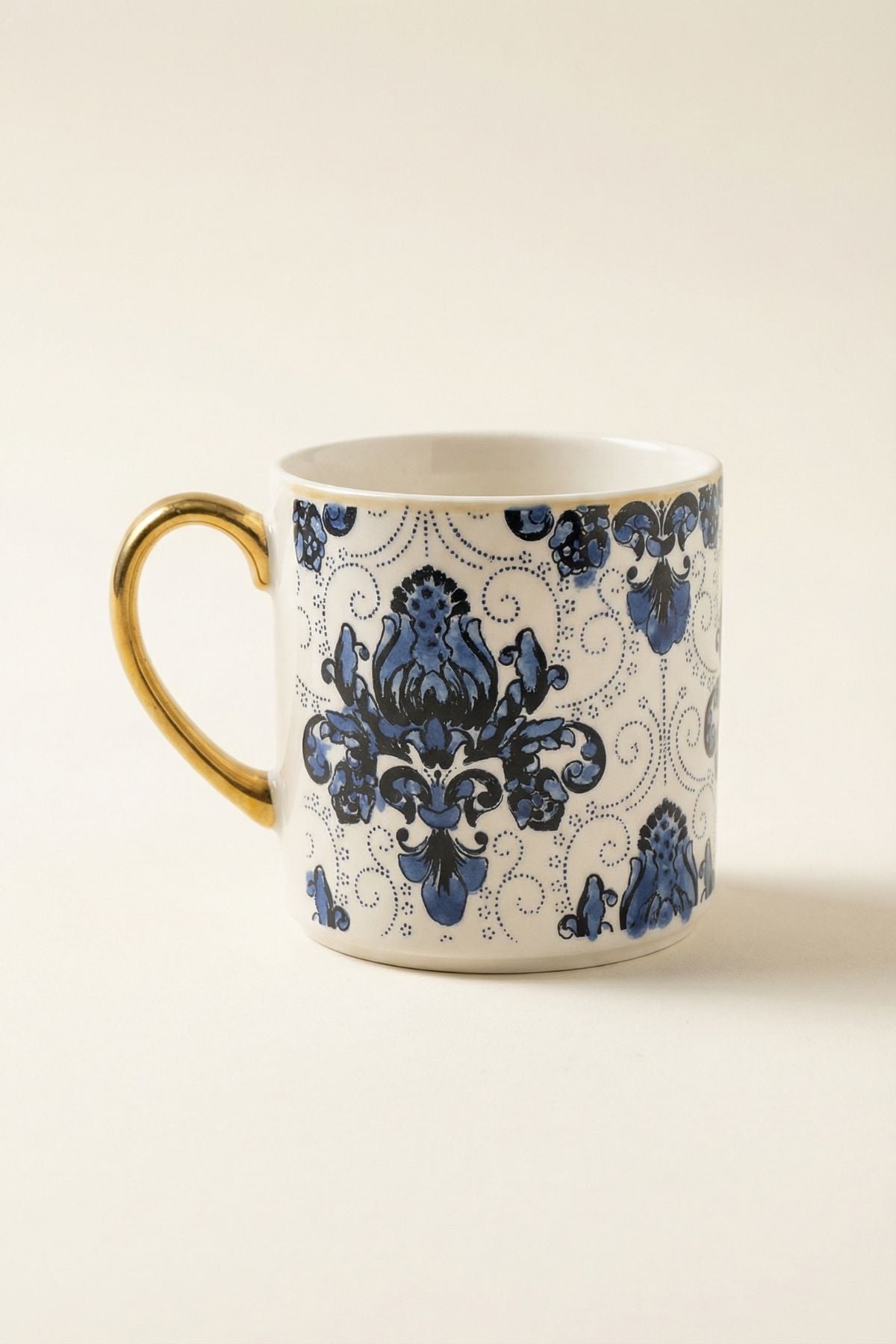 Yaldızlı Kabartma Desenli Porselen Kupa - Mavi - 335 ML