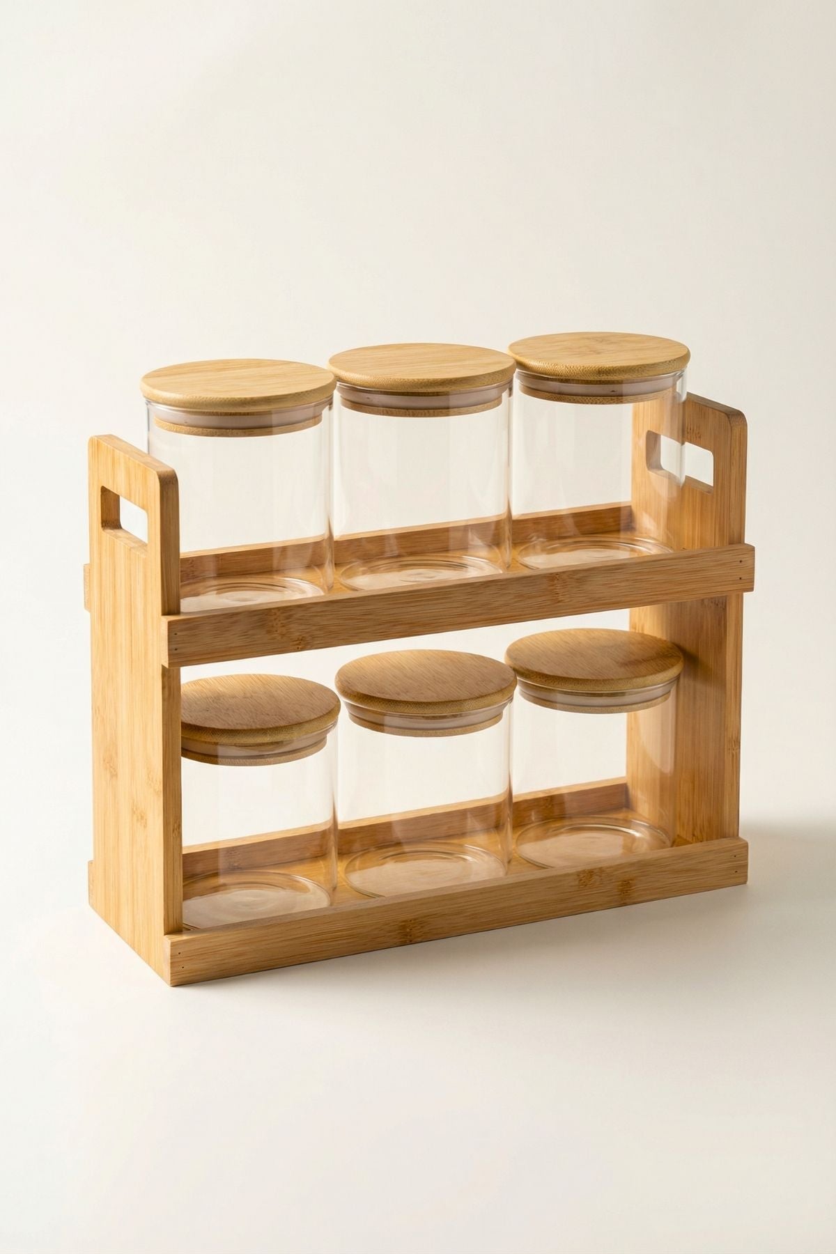 6’lı Bambu Standlı Cam Baharatlık Seti – (350 ML x 6)