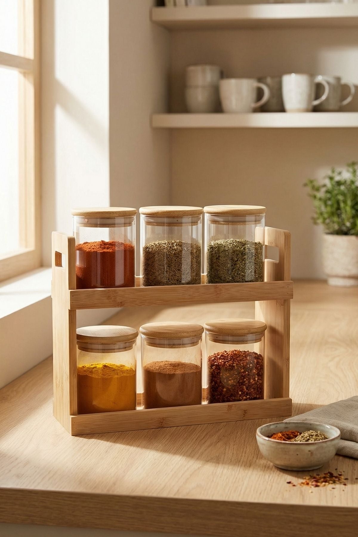 6’lı Bambu Standlı Cam Baharatlık Seti – (350 ML x 6)