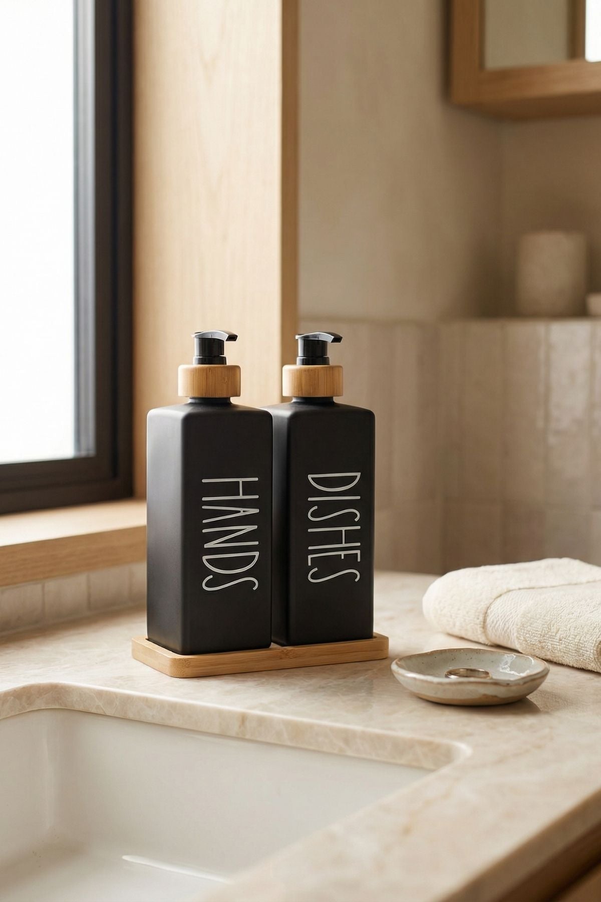 2'li Bambu Standlı Cam Sıvı Sabunluk - Siyah