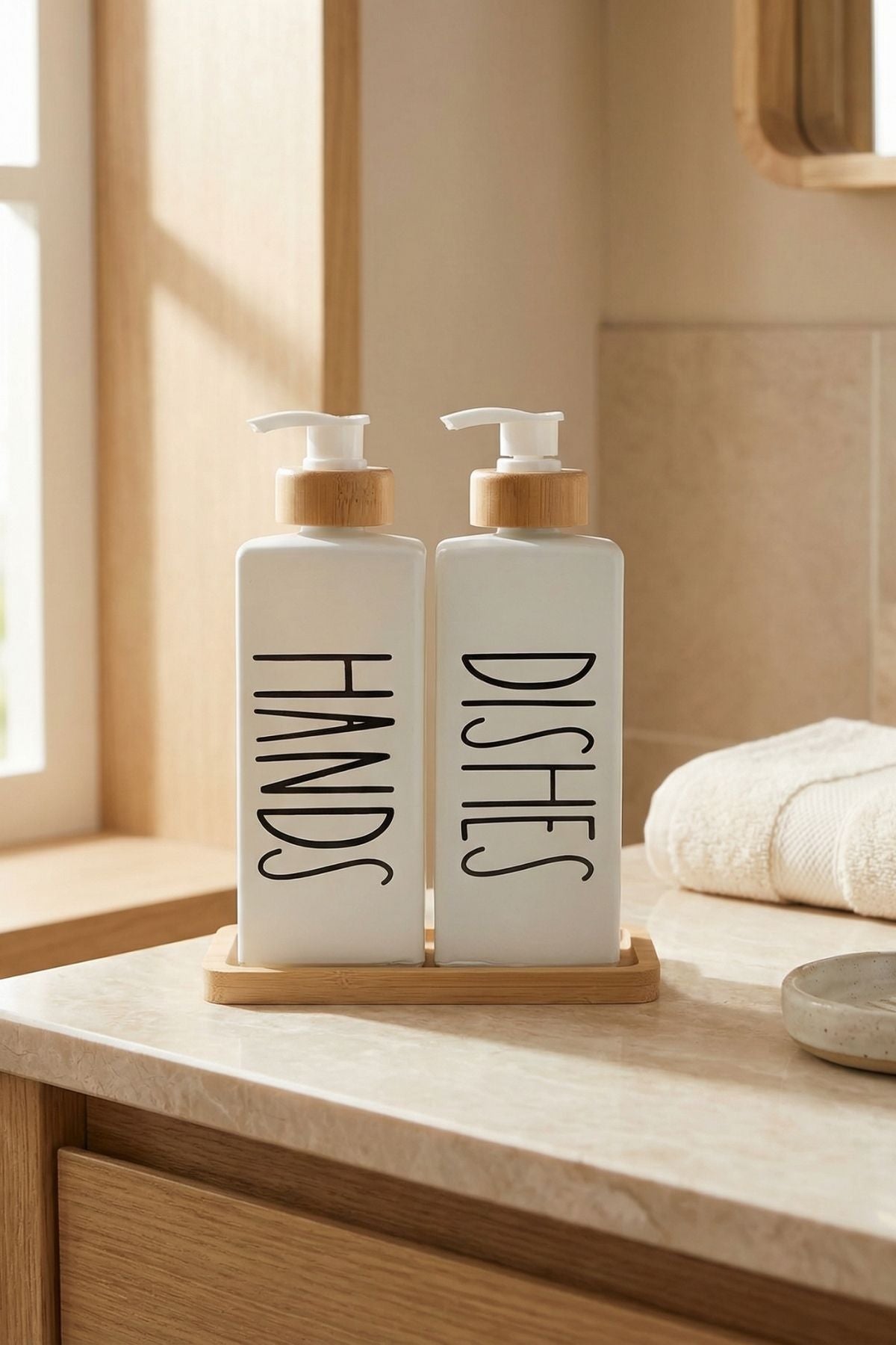 2'li Bambu Standlı Cam Sıvı Sabunluk - Beyaz