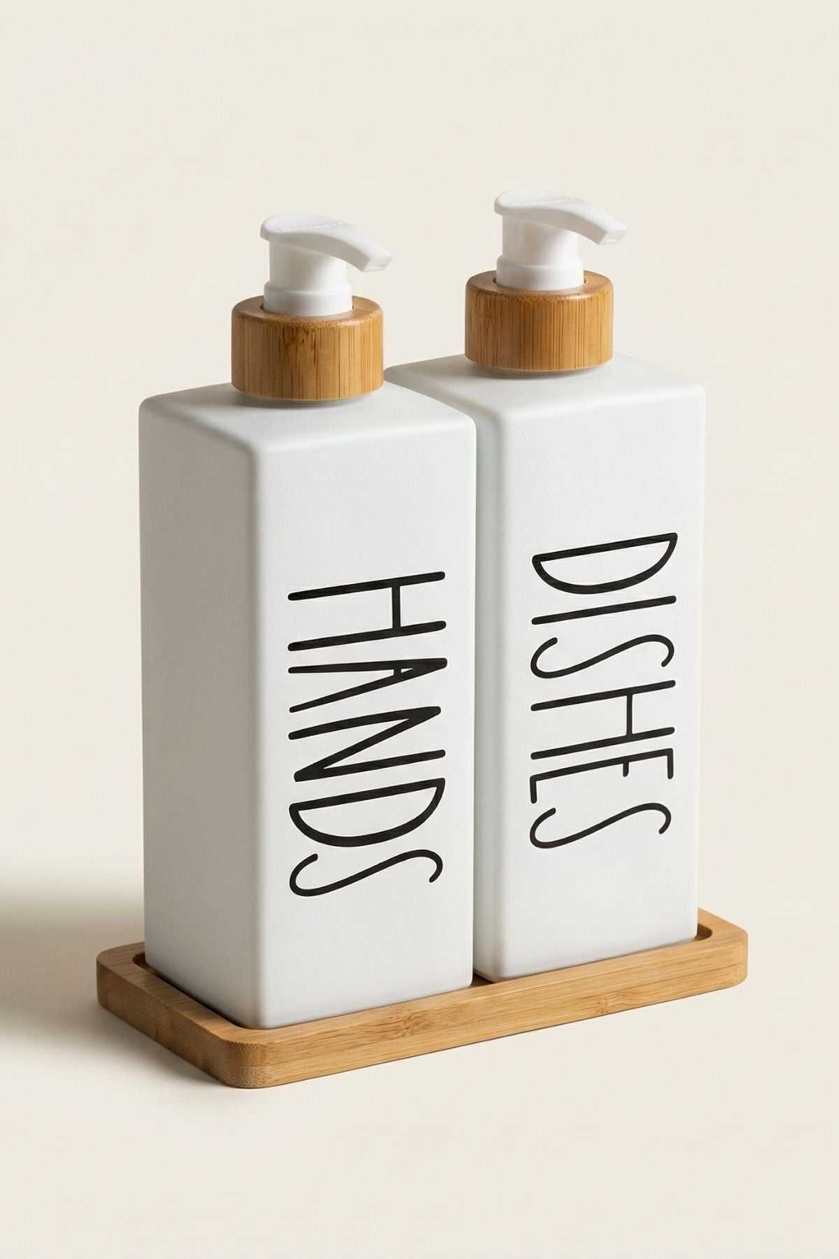 2'li Bambu Standlı Cam Sıvı Sabunluk - Beyaz