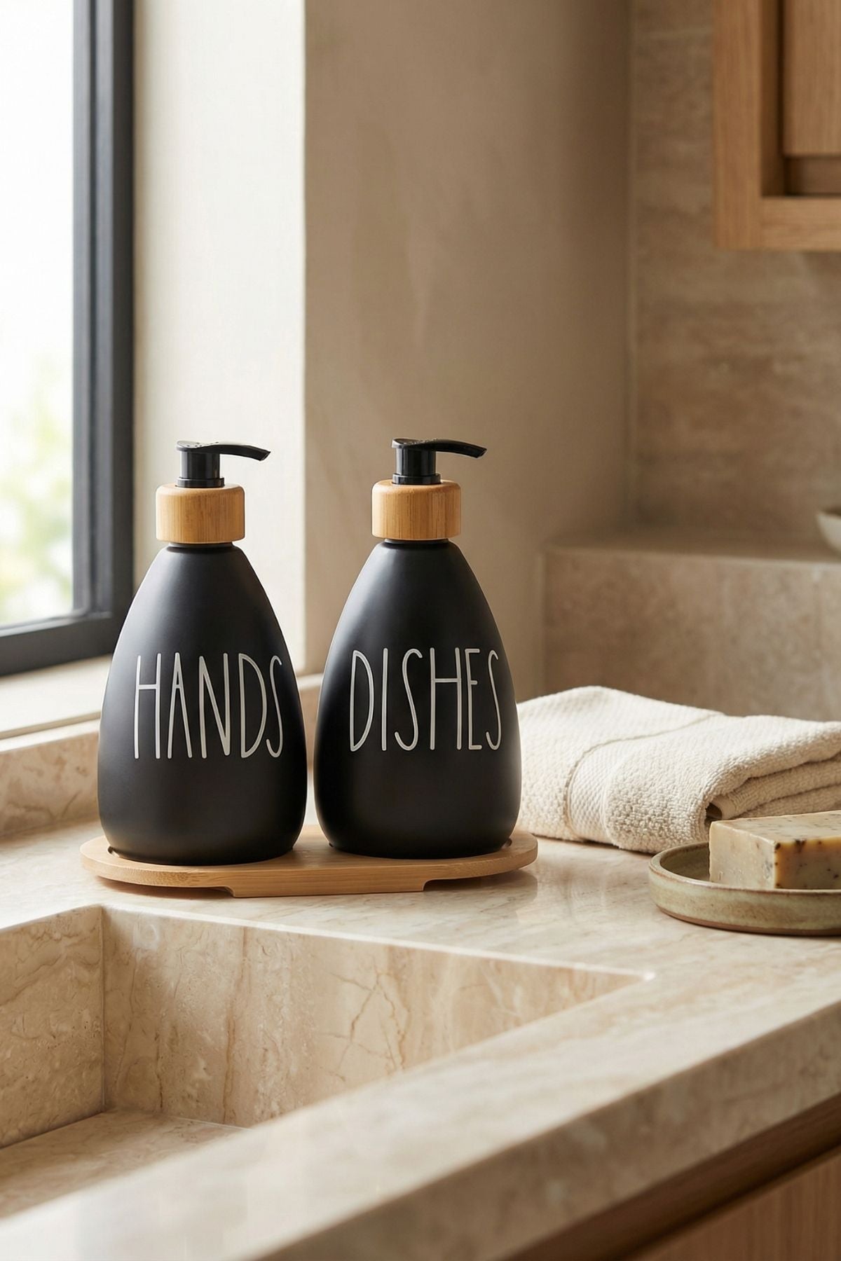 2'li Bambu Standlı Cam Sıvı Sabunluk - Siyah
