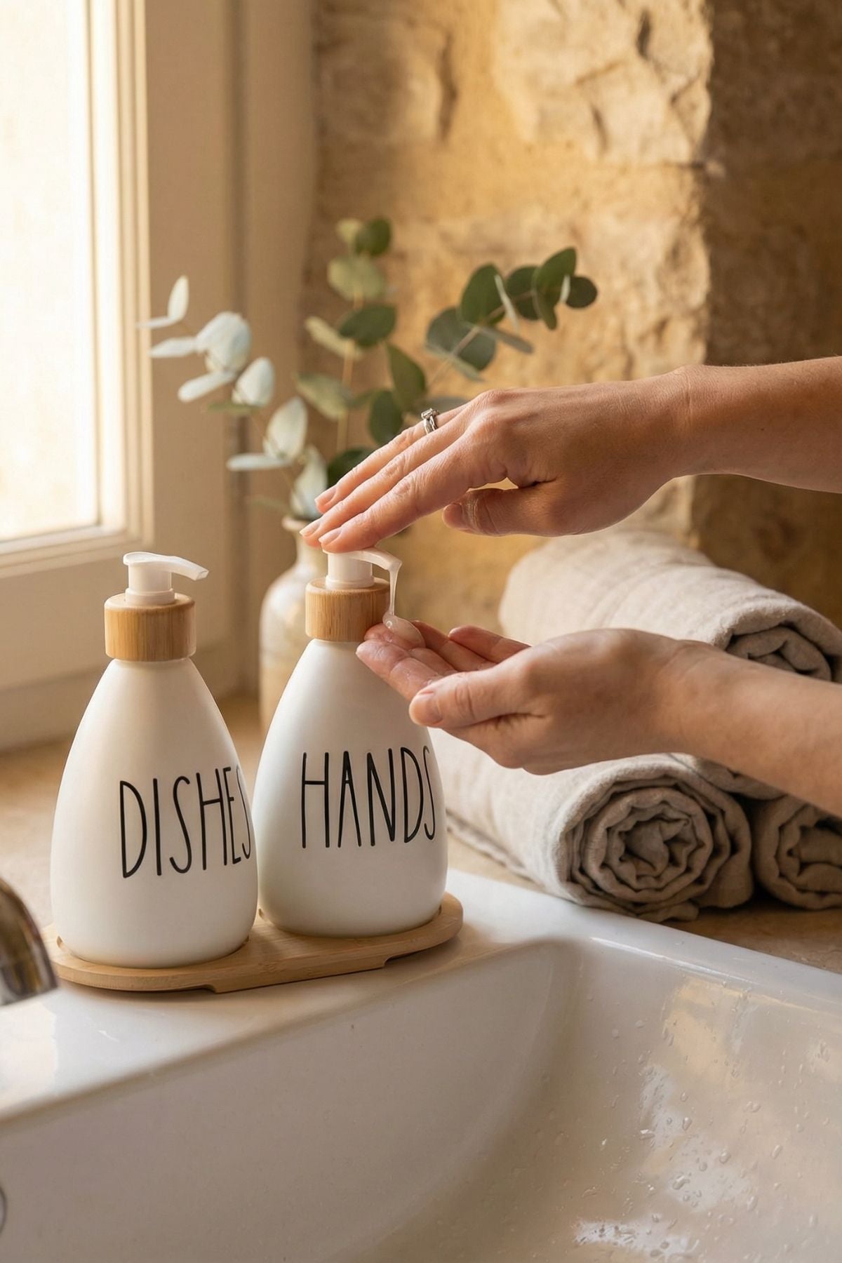 2'li Bambu Standlı Cam Sıvı Sabunluk - Beyaz