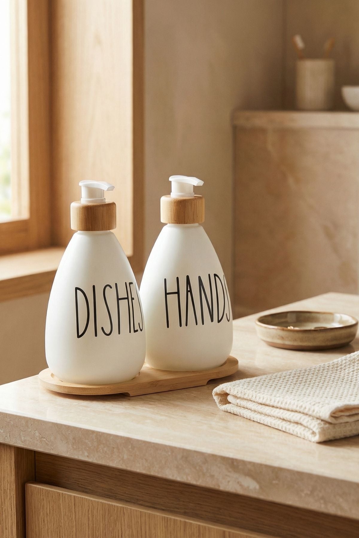 2'li Bambu Standlı Cam Sıvı Sabunluk - Beyaz