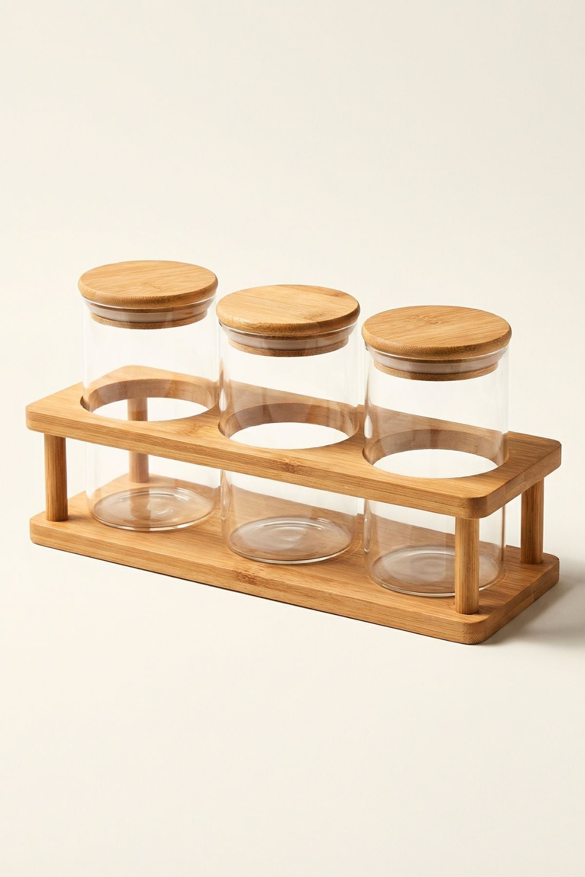 3'lü Bambu Standlı Cam Baharatlık Seti - (250 ML x 3)