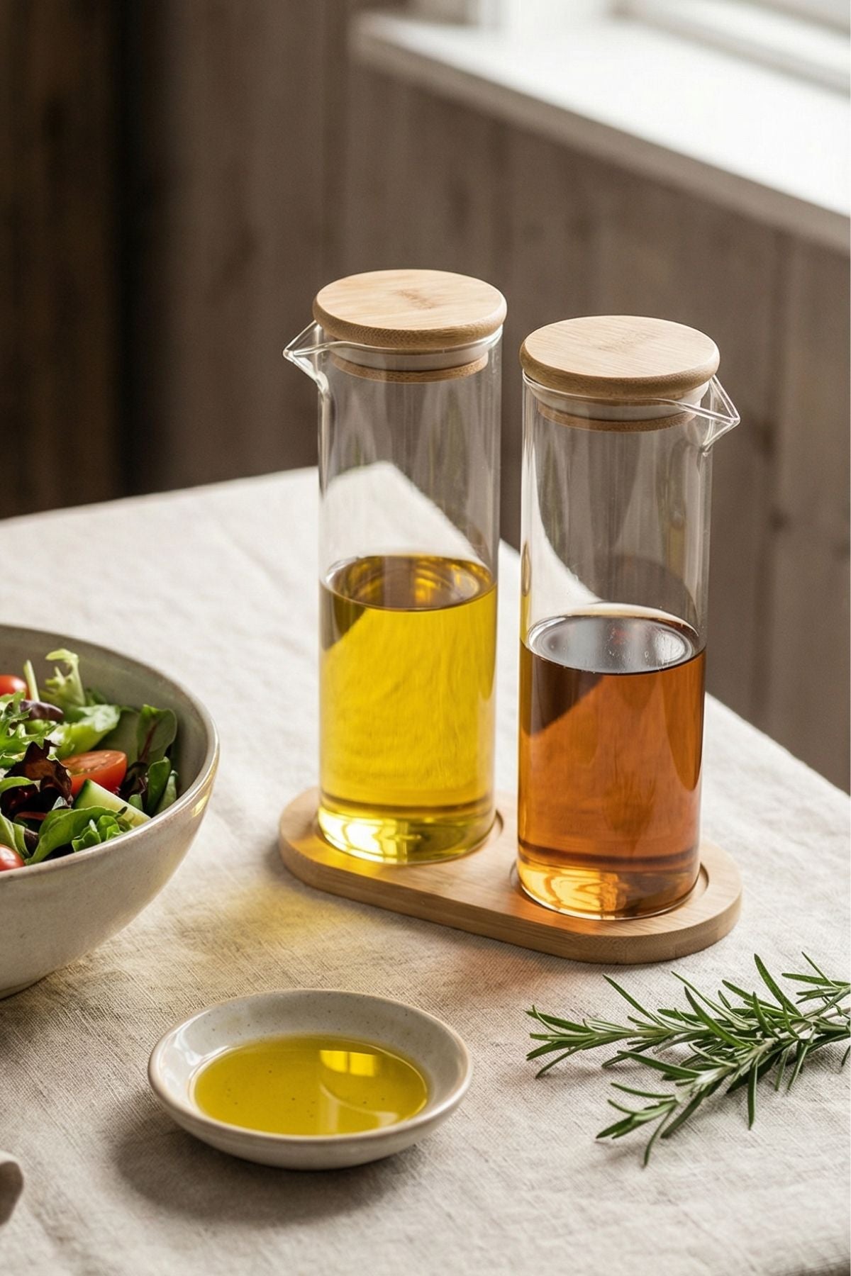 2’li Cam Yağlık & Sirkelik Seti – Bambu Kapaklı (Standlı)