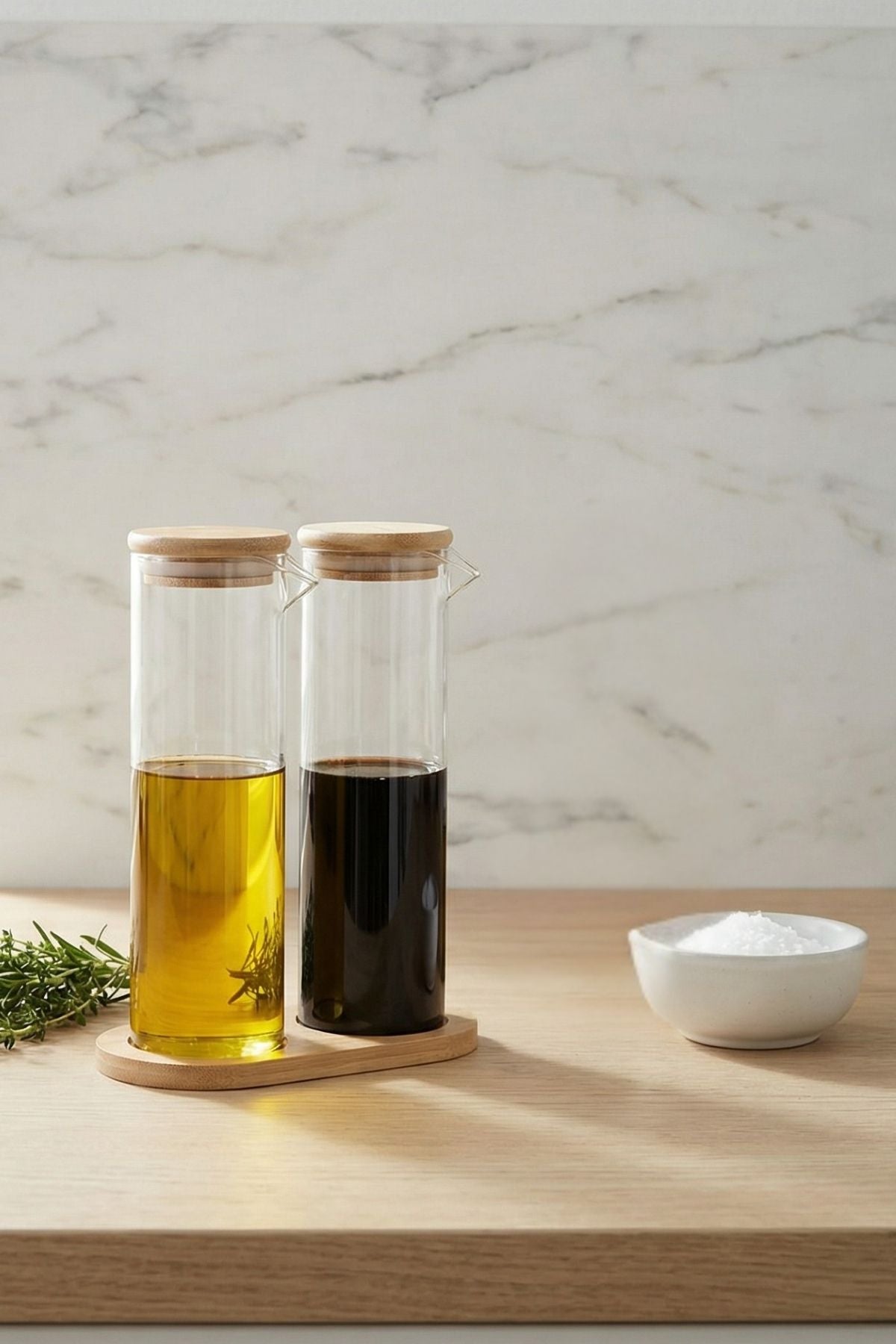 2’li Cam Yağlık & Sirkelik Seti – Bambu Kapaklı (Standlı)