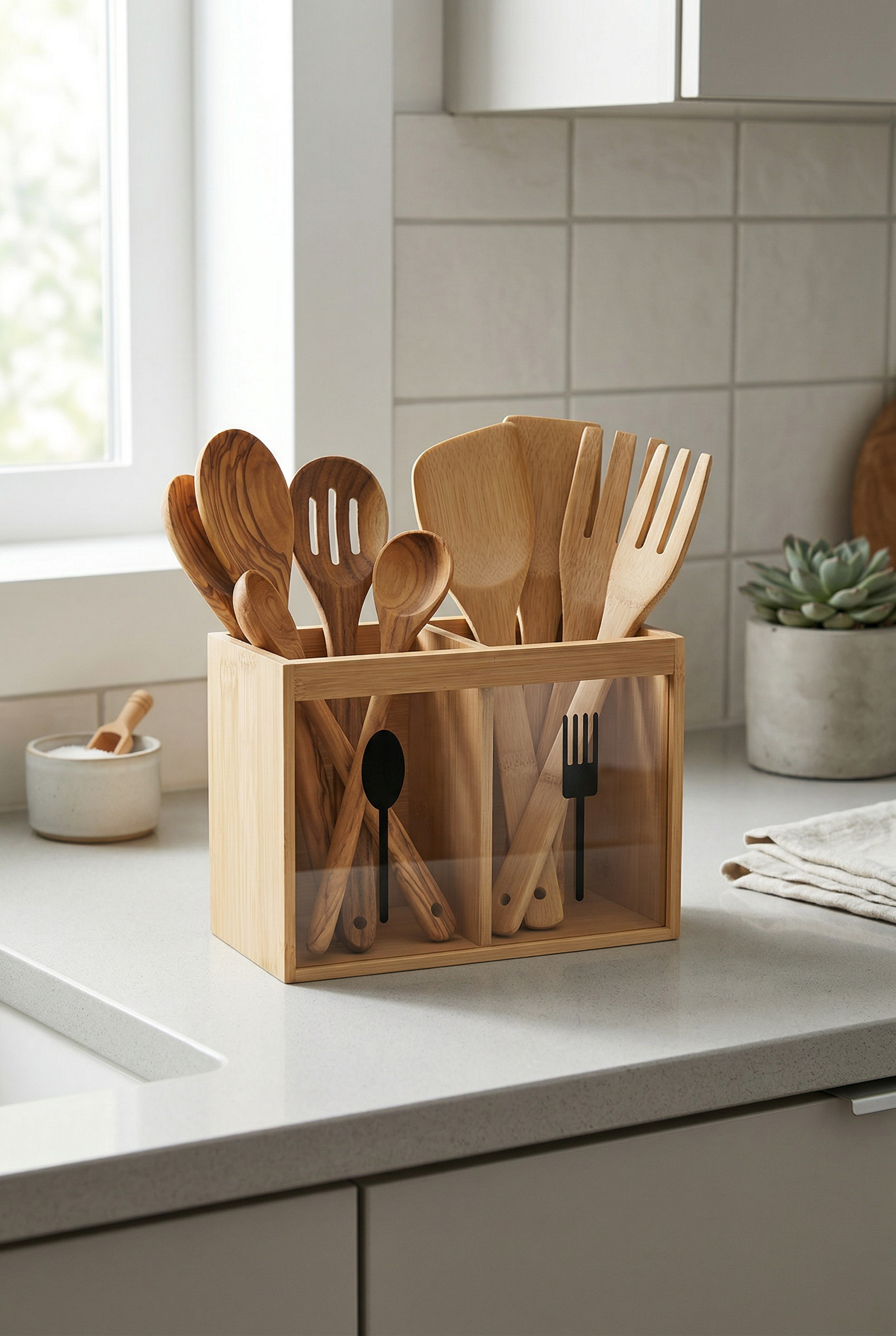 2 Bölmeli Bambu Kaşıklık (18x9x13 Cm)