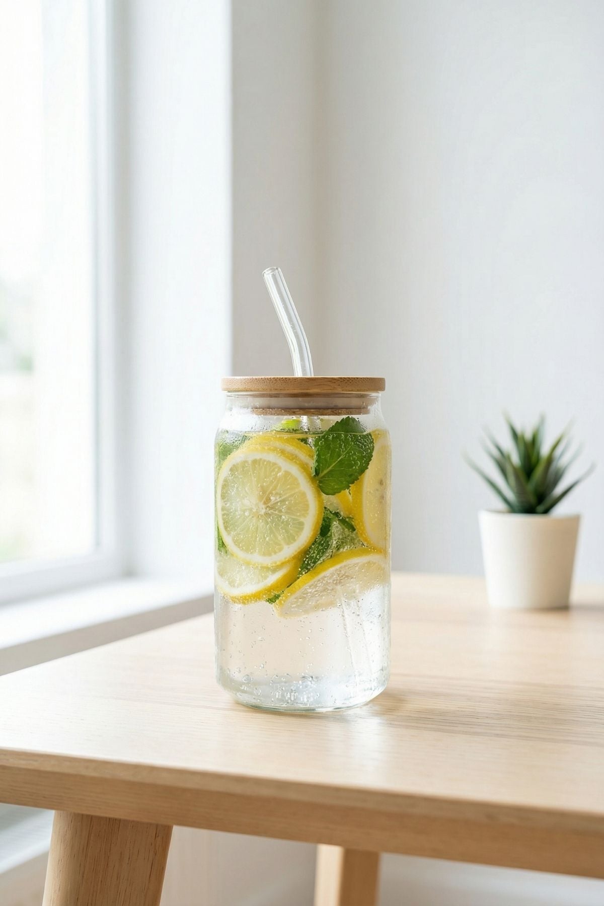 Bambu Kapaklı Pipetli Cam Bardak - 540 Ml