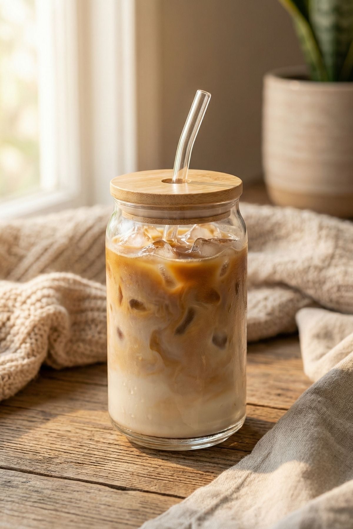 Bambu Kapaklı Pipetli Cam Bardak - 540 Ml