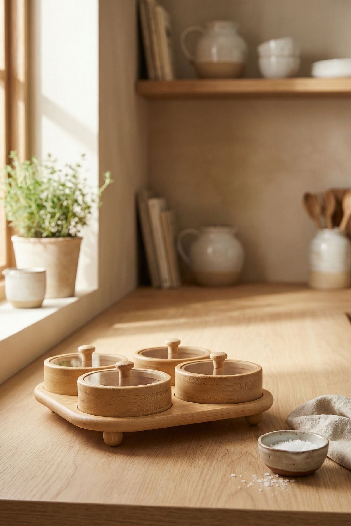 4'lü Bambu Kapaklı Kahvaltılık & Çerezlik Seti - Standlı (22x22cm)