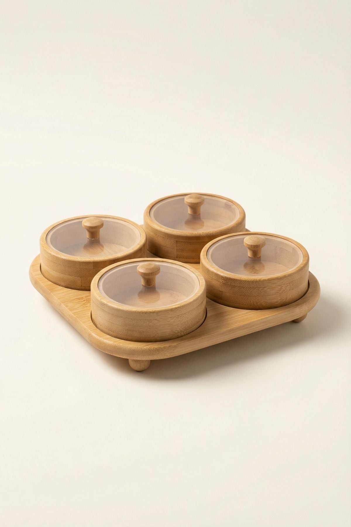 4'lü Bambu Kapaklı Kahvaltılık & Çerezlik Seti - Standlı (22x22cm)