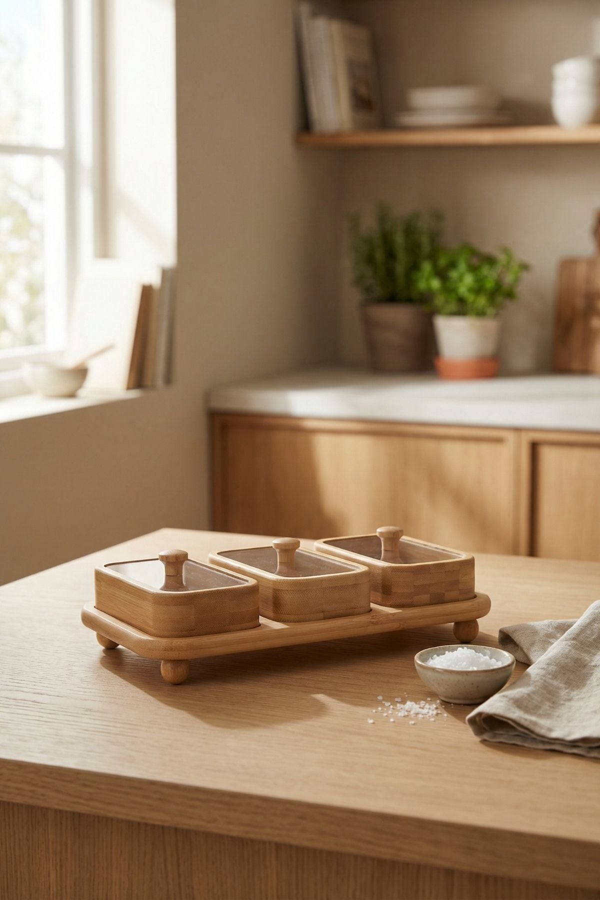 3'lü Bambu Kapaklı Dikdörtgen Kahvaltılık & Çerezlik Seti - Standlı  (25x16,5cm)