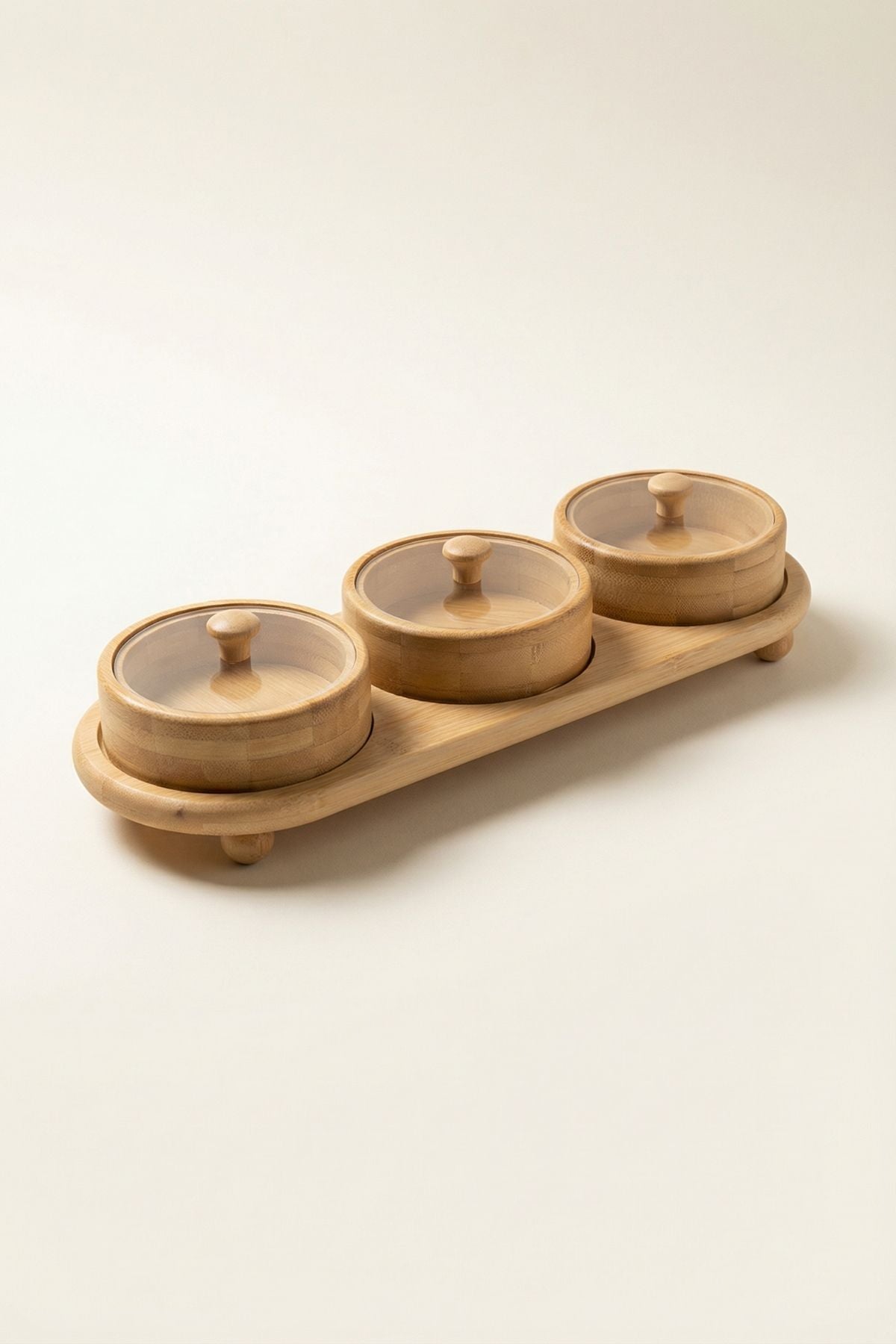 3'lü Bambu Kapaklı Kahvaltılık & Çerezlik Seti - Standlı (32x11,5cm)