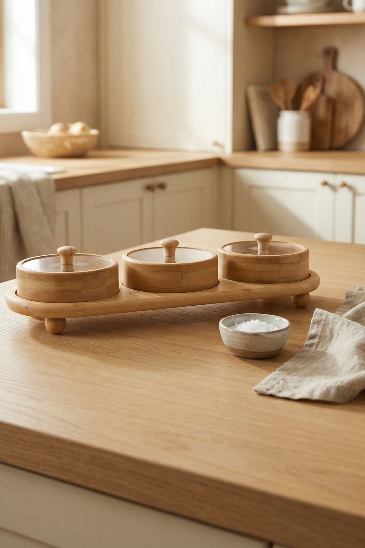 3'lü Bambu Kapaklı Kahvaltılık & Çerezlik Seti - Standlı (32x11,5cm)