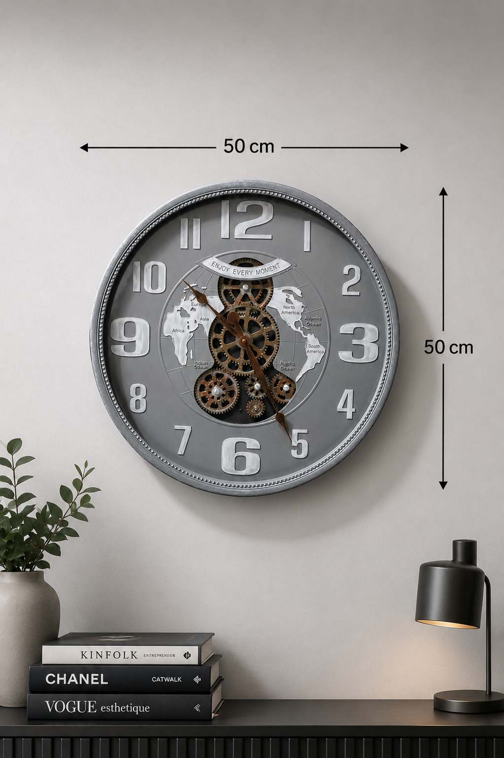 Atlas Gear 50 Cm Dönen Çarklı Duvar Saati - GRİ