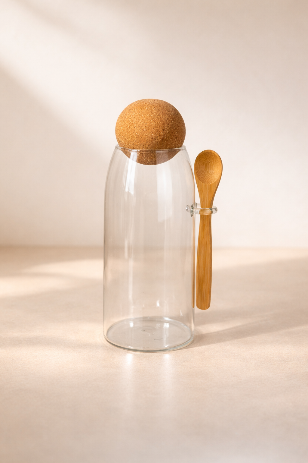 1000 Ml Mantar Kapaklı Kaşıklı Cam Kavanoz - 20 Cm