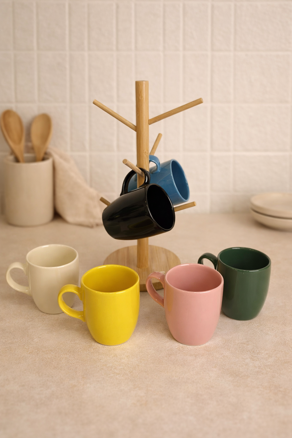 Bulut Serisi Bambu Askılı 7 Parça Kupa Seti (6 Kupa + 1 Askı)