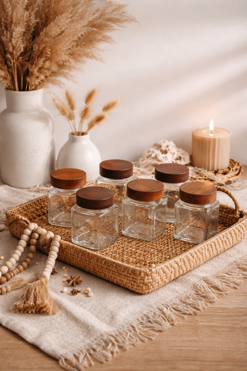 6'lı Akasya Kapaklı Cam Kavanoz (6x300 Ml) 12 Adet Etiket Hediyeli!