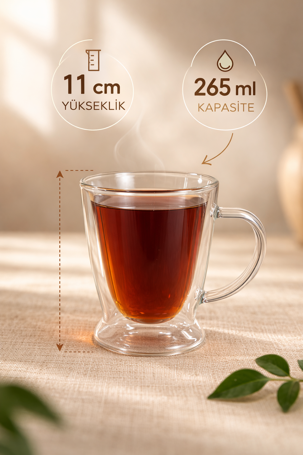 265 Ml Çift Cidarlı Cam Kupa Bardak - 11 Cm