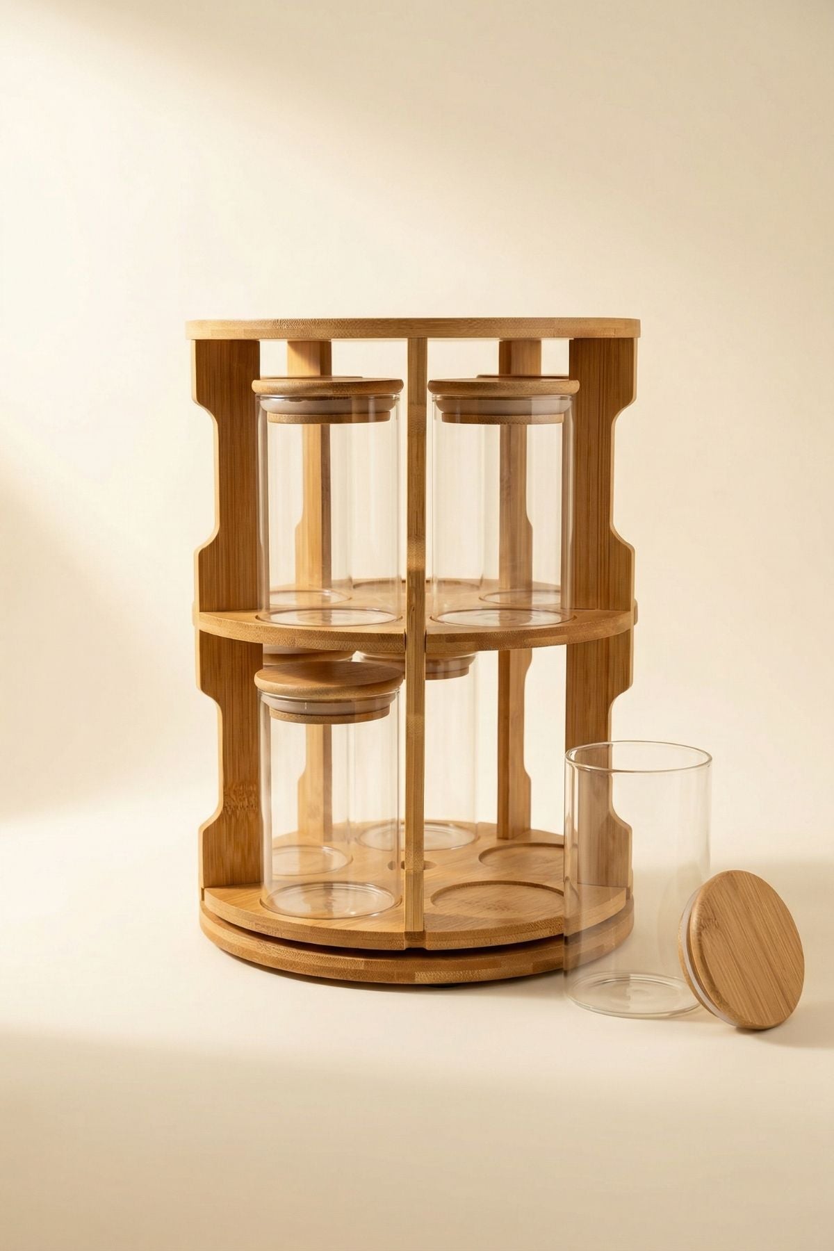 10'lu Bambu Dönen Standlı Cam Baharat Seti - 250 ML Cam Kavanozlu