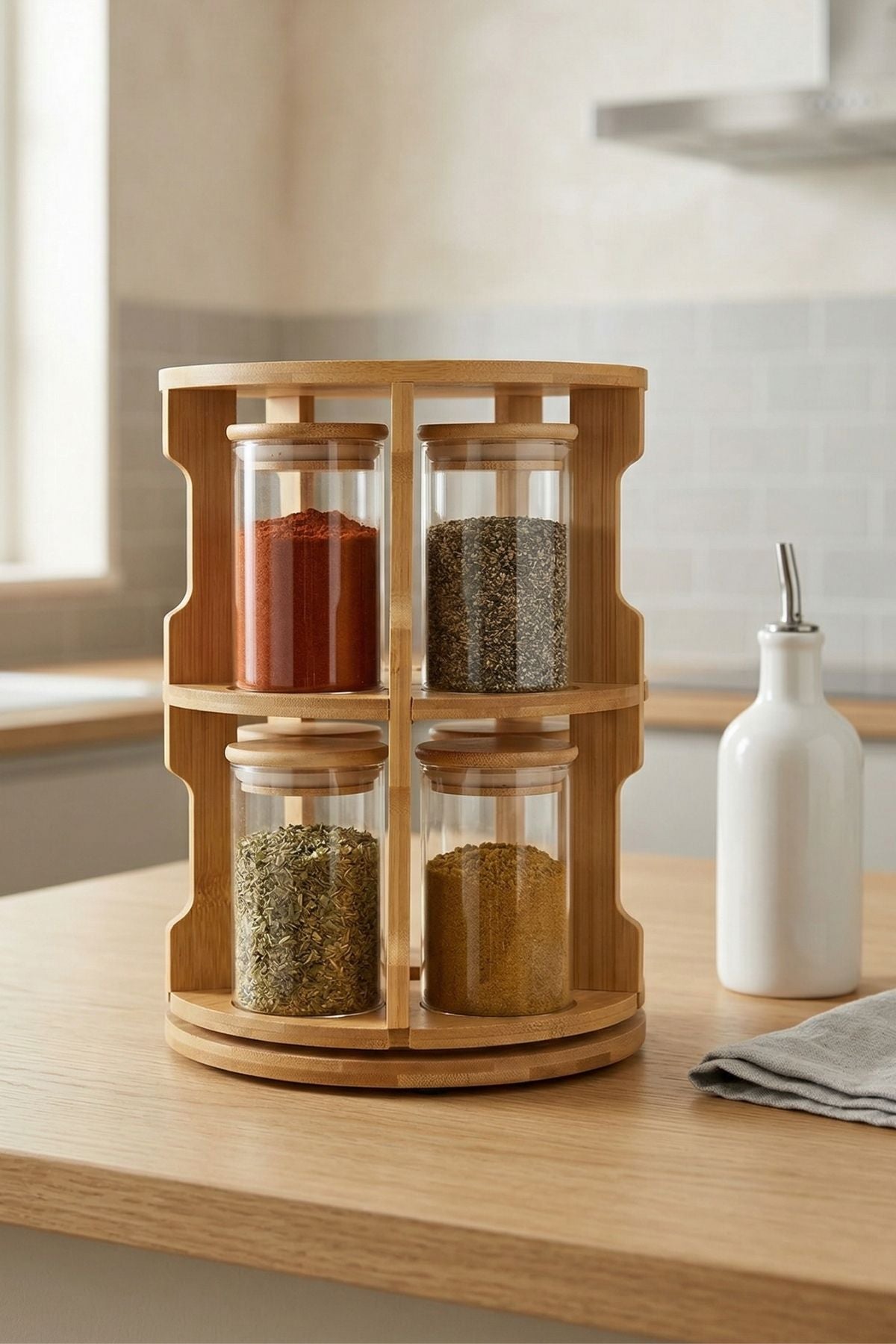 10'lu Bambu Dönen Standlı Cam Baharat Seti - 250 ML Cam Kavanozlu