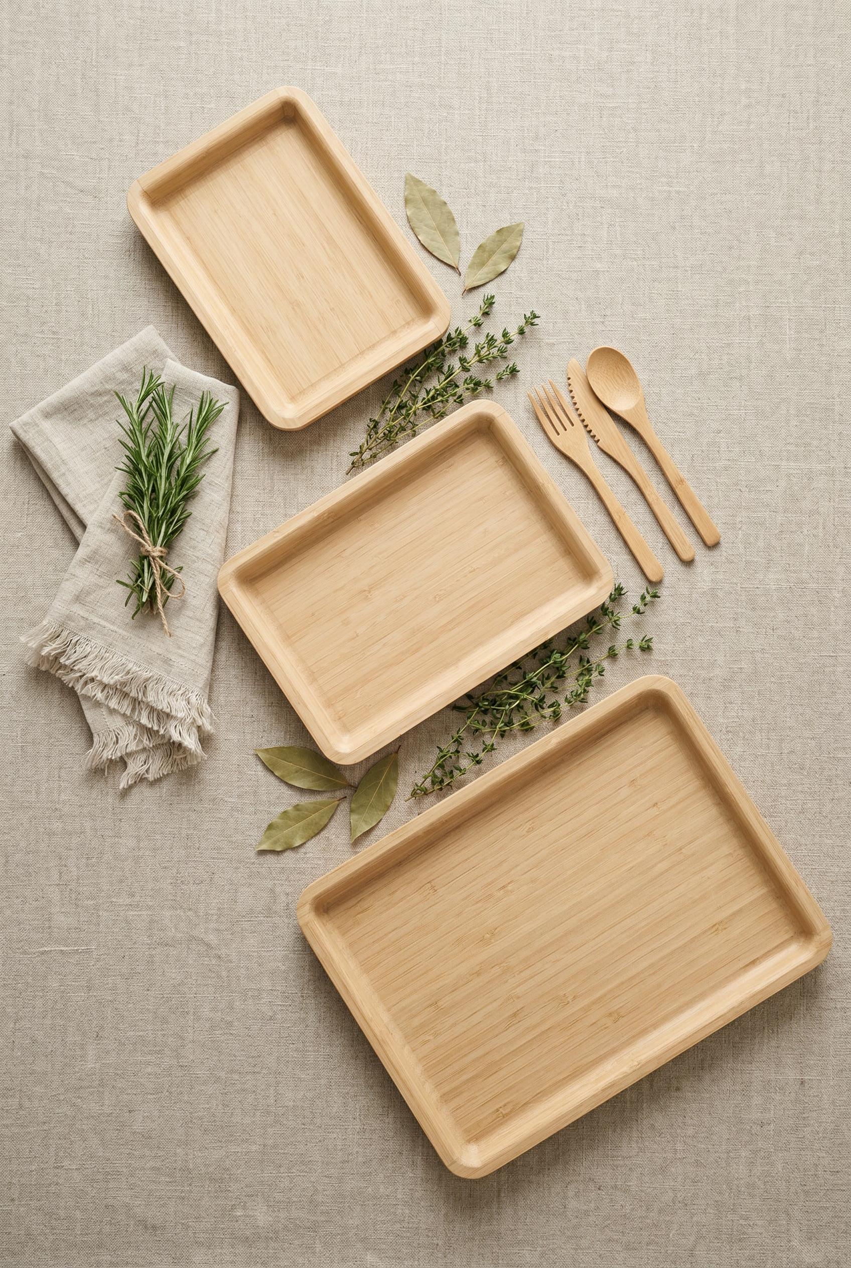 3'lü Dikdörtgen Bambu Tepsi Seti
