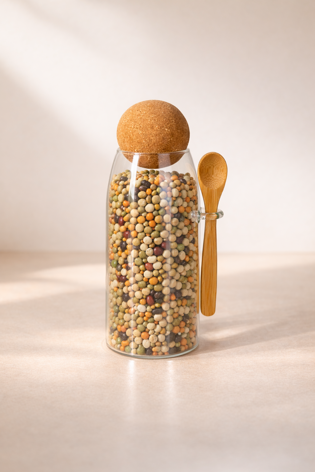 1000 Ml Mantar Kapaklı Kaşıklı Cam Kavanoz - 20 Cm