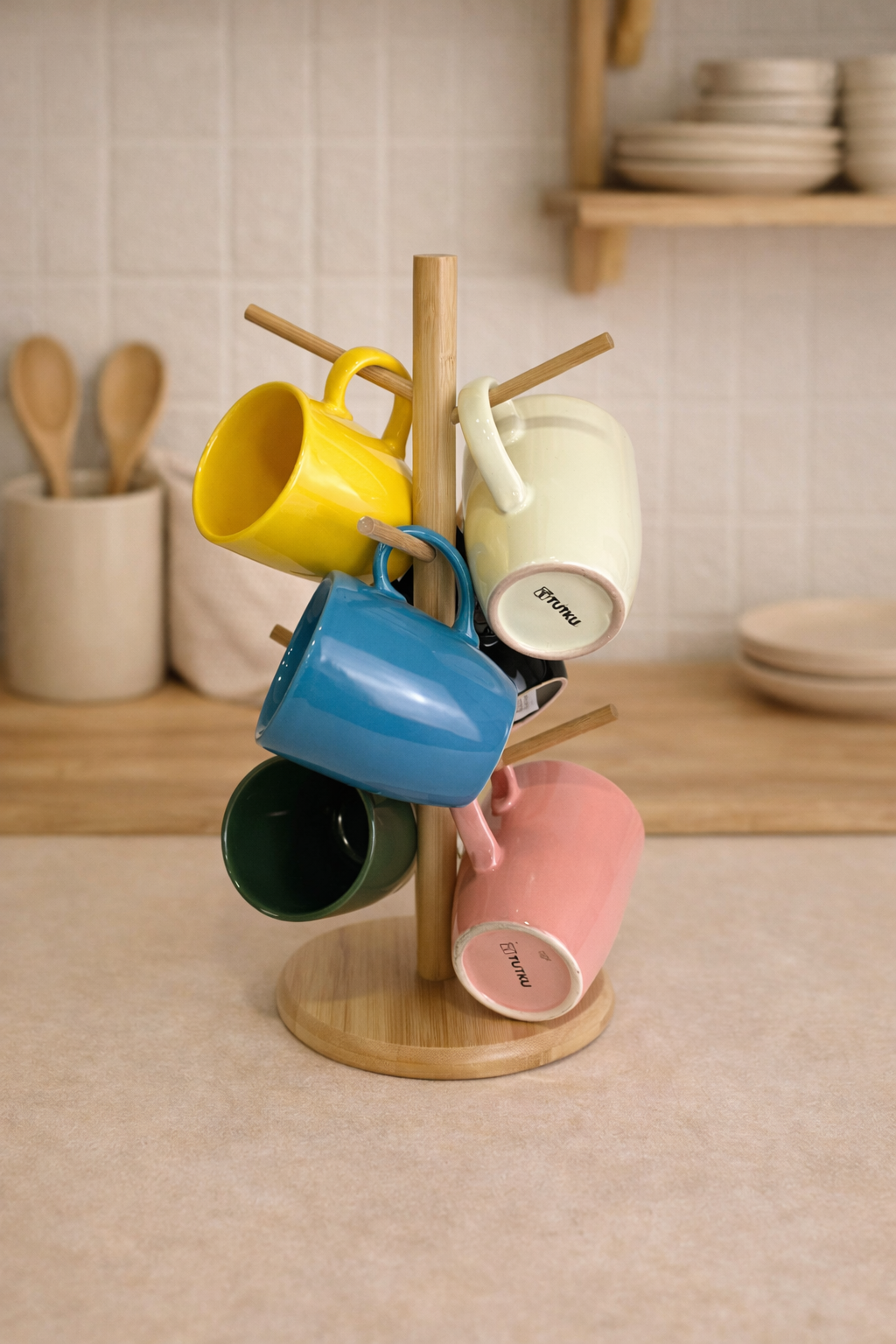 Bulut Serisi Bambu Askılı 7 Parça Kupa Seti (6 Kupa + 1 Askı)