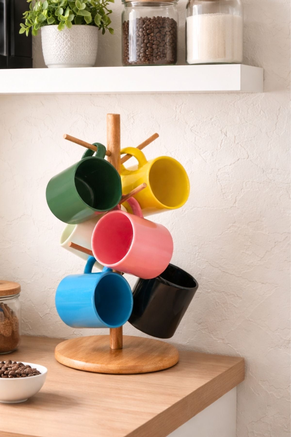 İnci Serisi Bambu Askılı 7 Parça Kupa Seti (6 Kupa+ 1 Kupa Askısı)