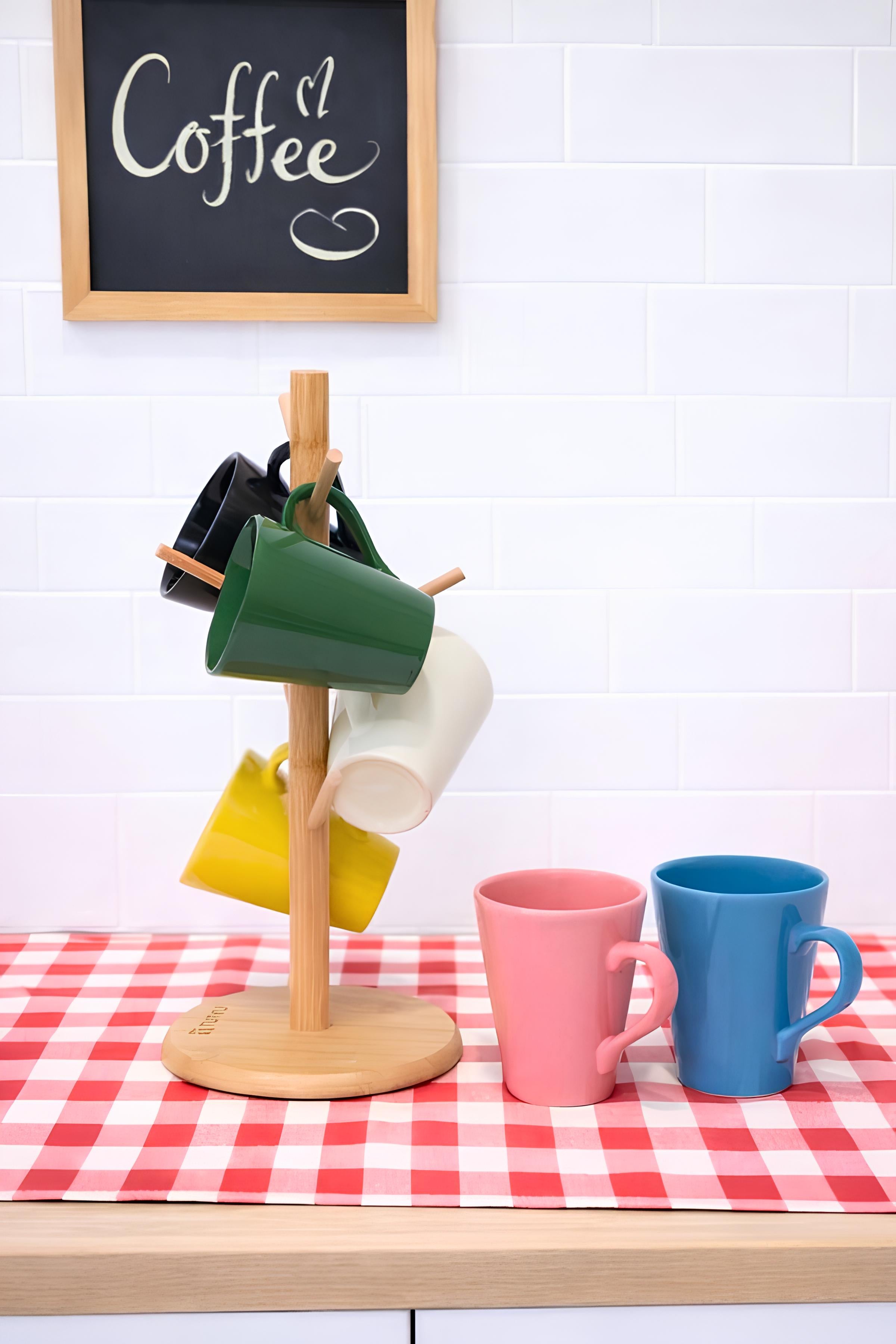 Konik Serisi Bambu Askılı 7 Parça Kupa Seti ( 6 Kupa+1 Kupa Askısı)