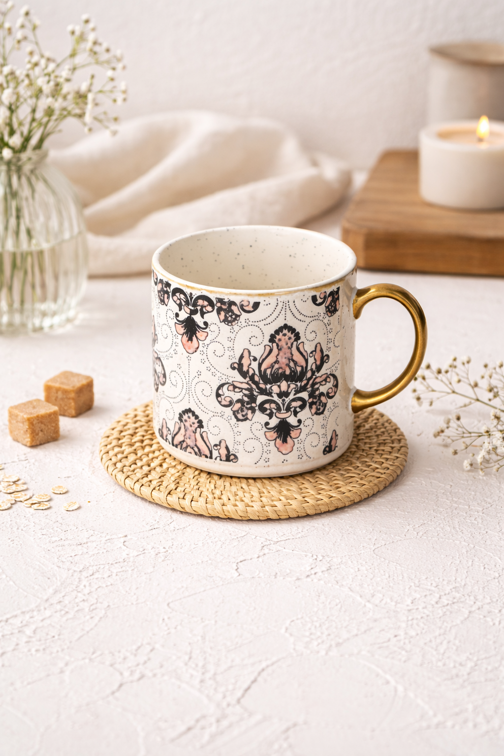 Yaldızlı Kabartma Desenli Porselen Kupa - Rose - 335 Ml