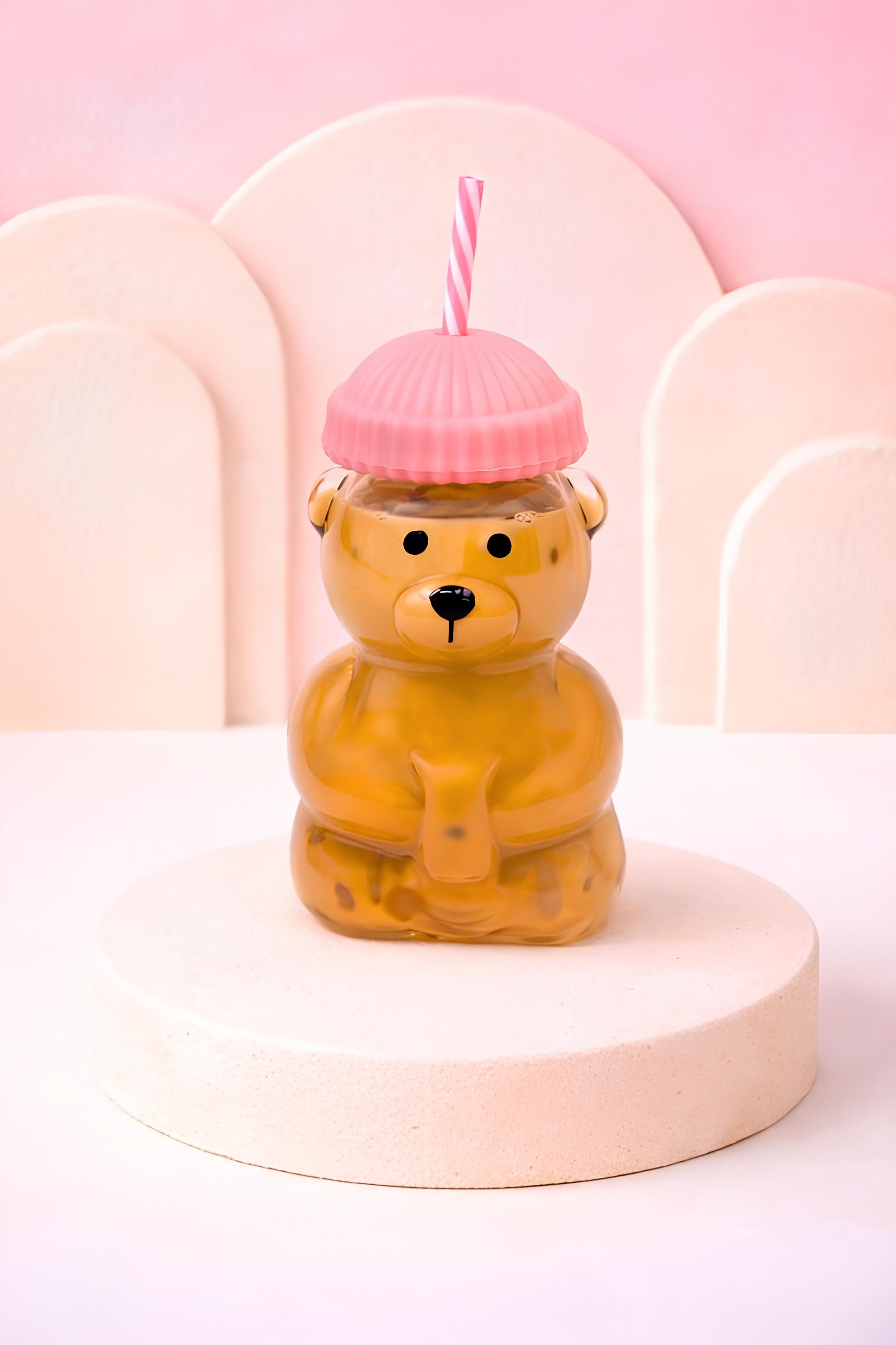 Ayıcıklı Borosilikat Cam Barista Bardak 580 Ml - Pembe