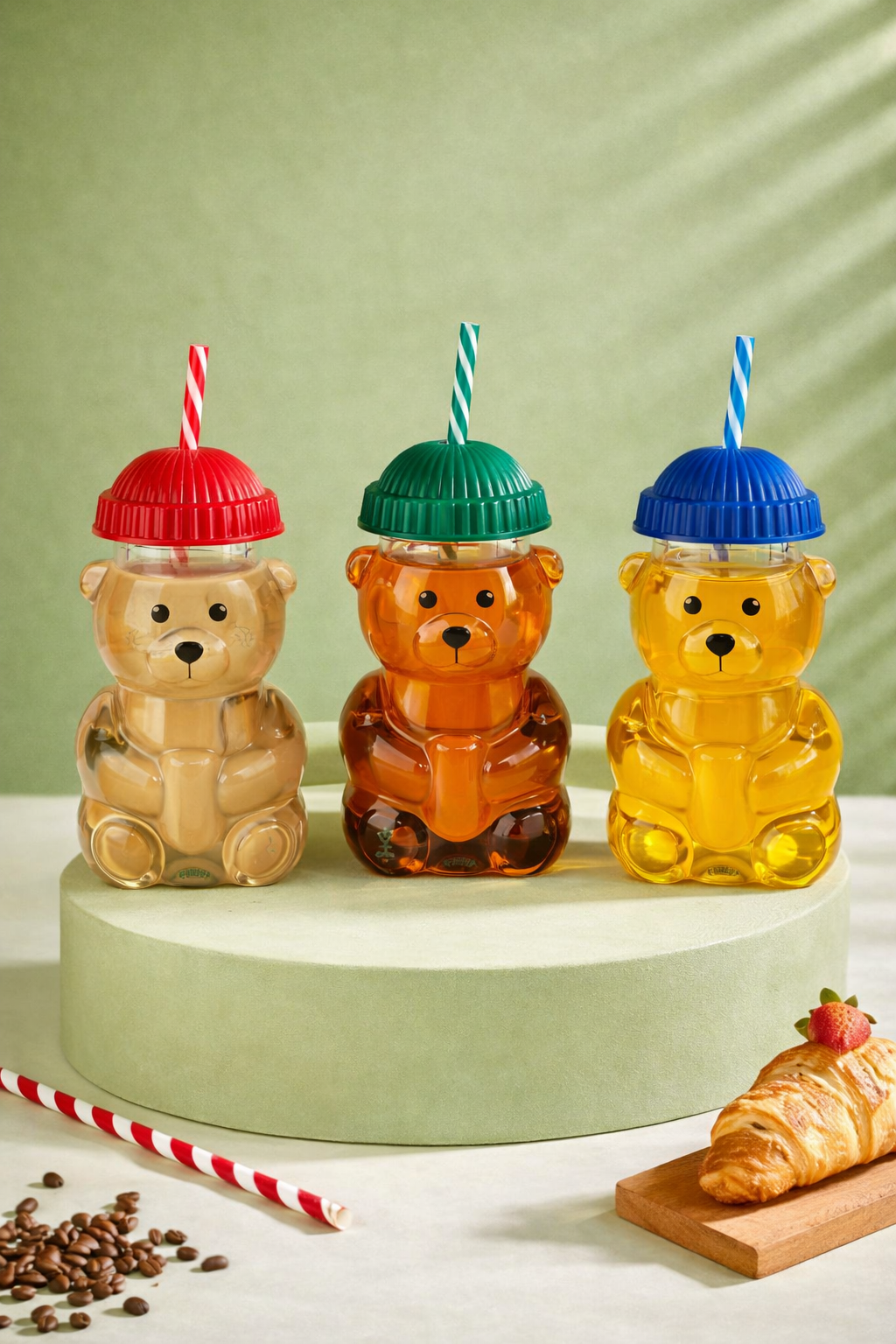 3'lü Ayıcıklı Borosilikat Cam Barista Bardak (Kırmızı-Yeşil-Mavi) 580 Ml