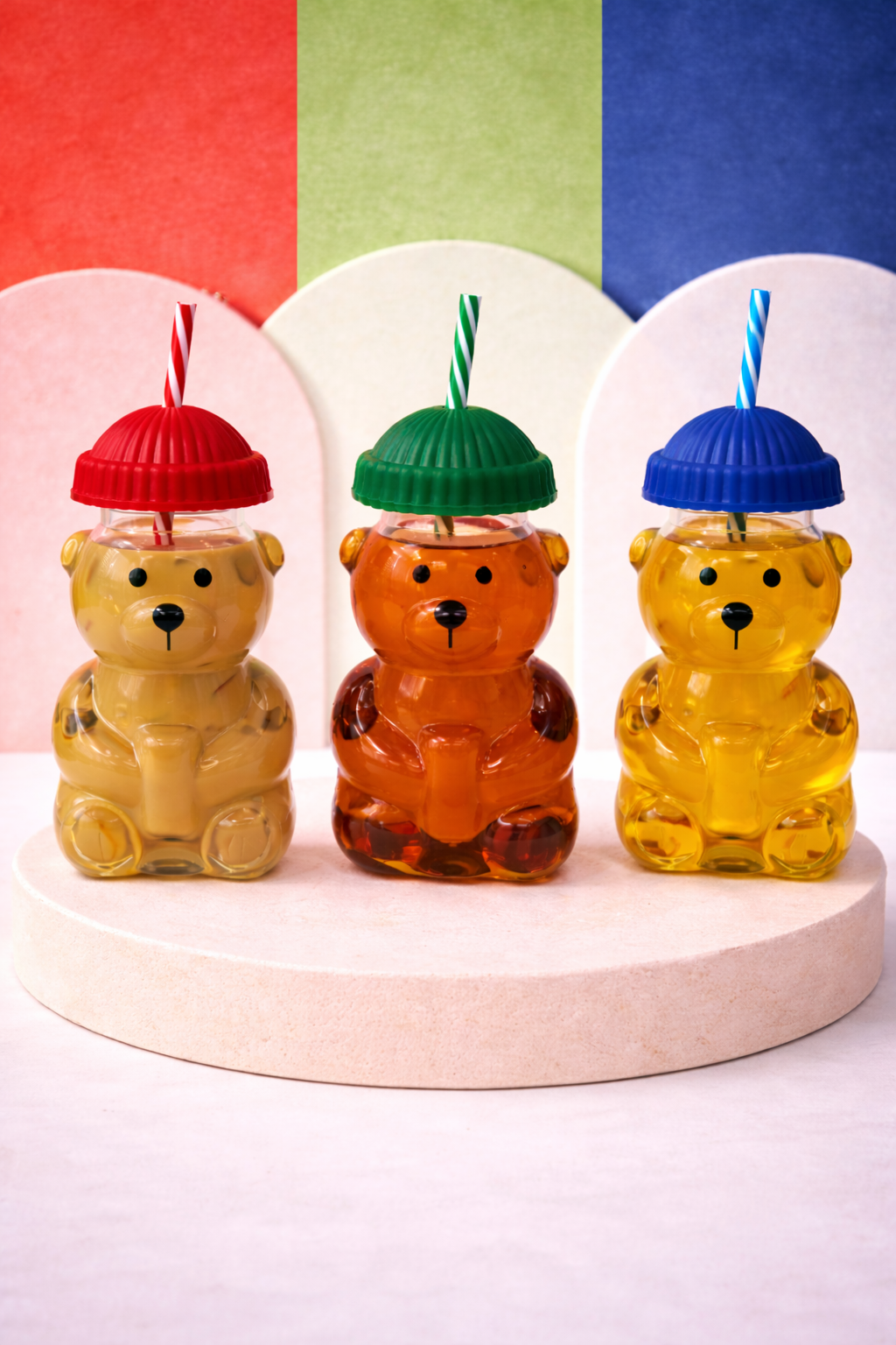 3'lü Ayıcıklı Borosilikat Cam Barista Bardak (Kırmızı-Yeşil-Mavi) 580 Ml