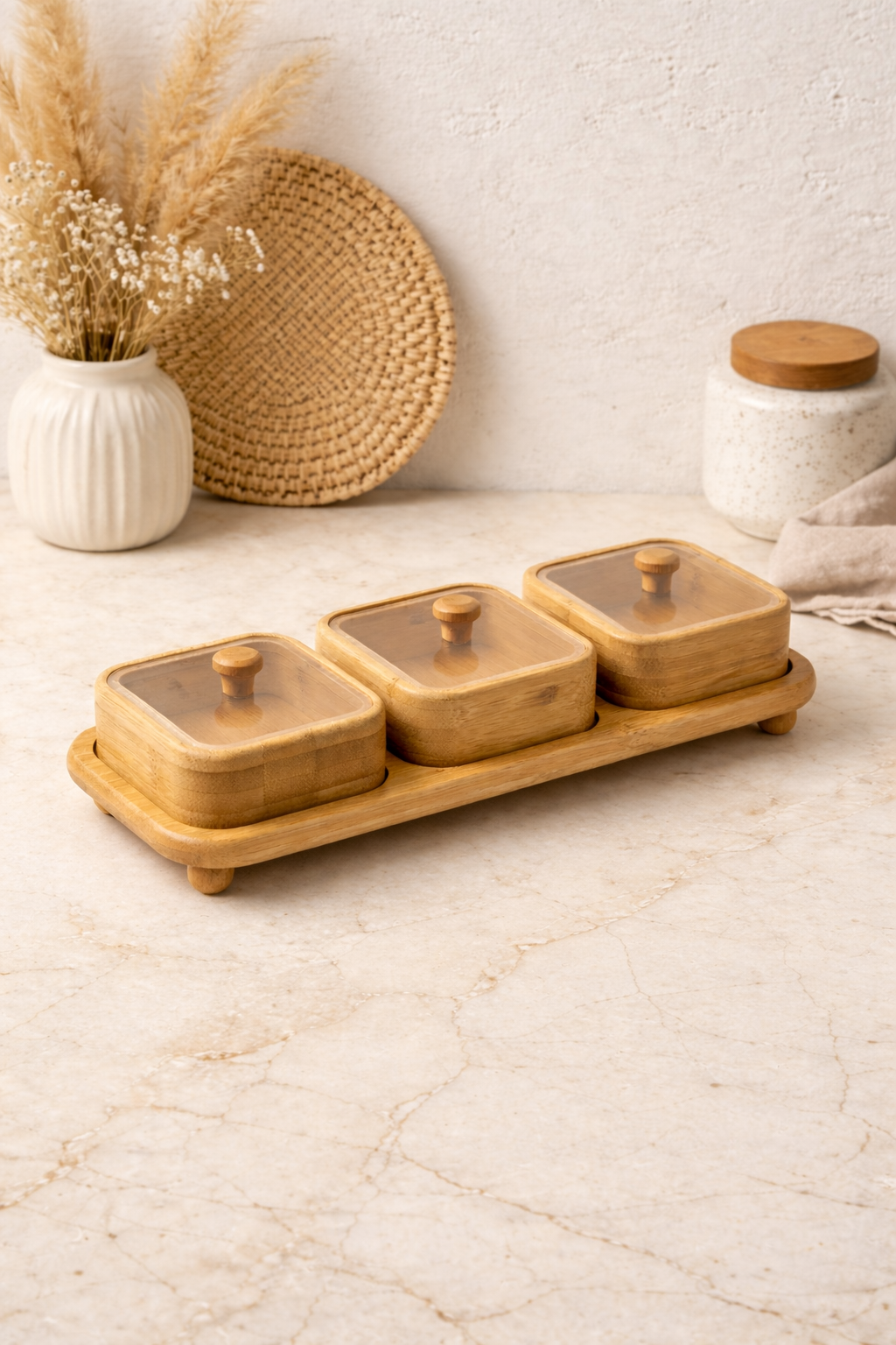 Bambu 3’lü Kapaklı Kahvaltılık & Çerezlik Seti – Standlı