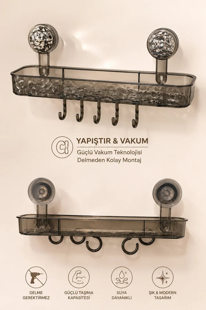 Yapışkanlı Askılı Plastik Banyo Rafı - Antrasit