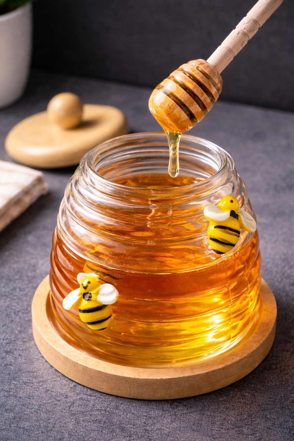 Bambu Kapaklı Arılı Cam Bal Kavanozu (480 Ml)