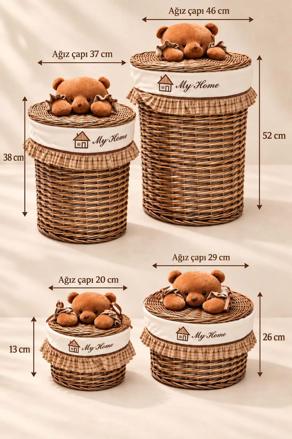 Honey Bear My Home -4'lü Yuvarlak Bezli Hasır Sepet - 2. görsel