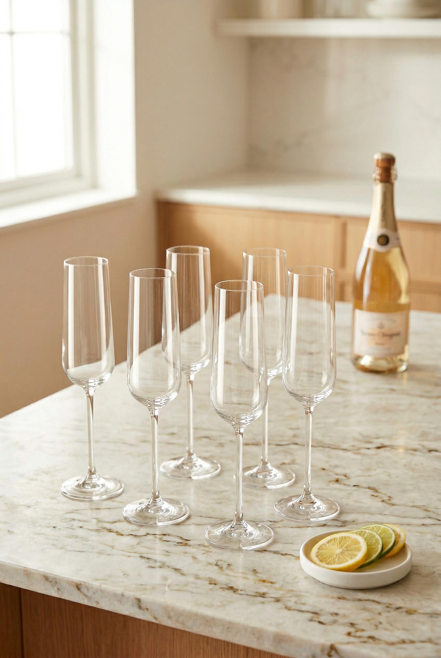 6'lı Flüt Tasarım Kristal Cam Şampanya Kadeh Seti - 250 Ml