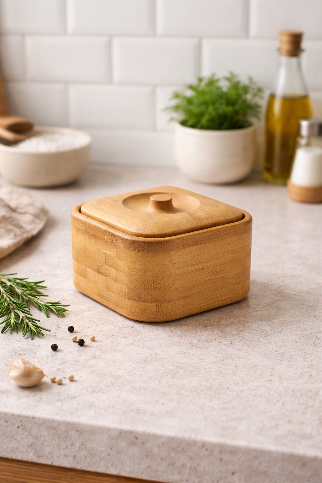 Kapaklı Kare Bambu Şekerlik (10x10 Cm)