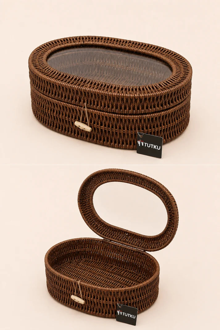 Pencereli Oval Rattan Organizer - Koyu Renk