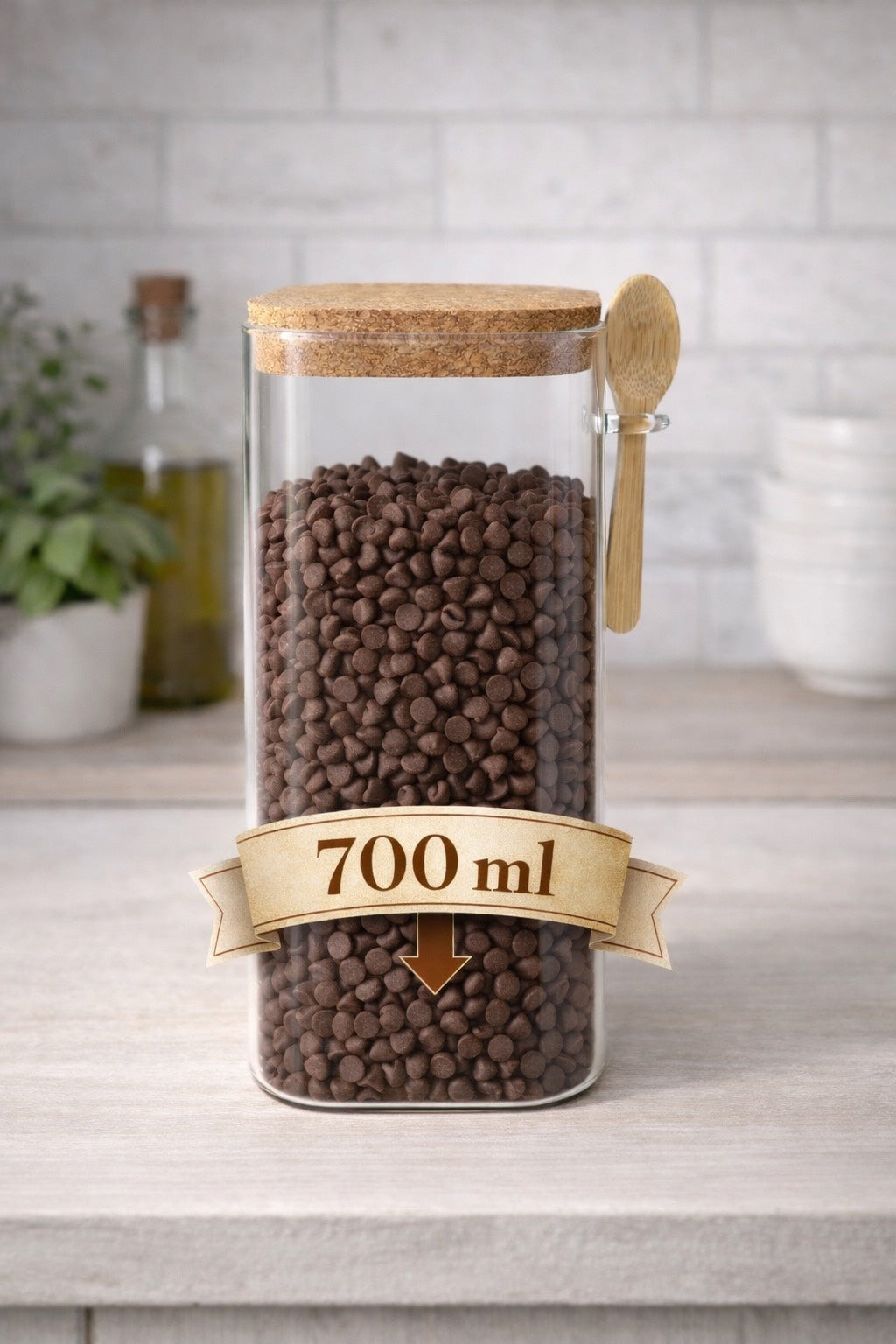 Mantar Kapaklı Kaşıklı Cam Kavanoz - 700 ML