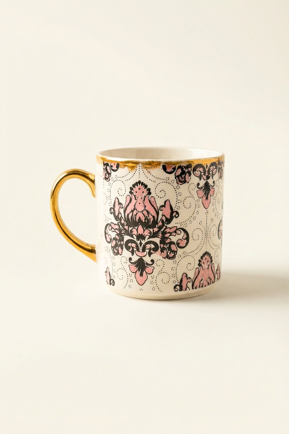 Yaldızlı Kabartma Desenli Porselen Kupa - Rose - 335 Ml